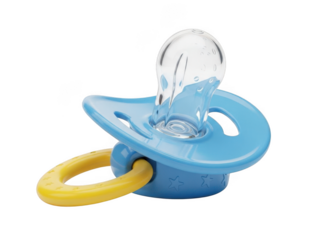 Blue and yellow baby pacifier isolated on transparent background