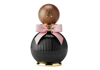Elegant dark fluted perfume bottle with pink bow and wooden cap isolated on transparent background