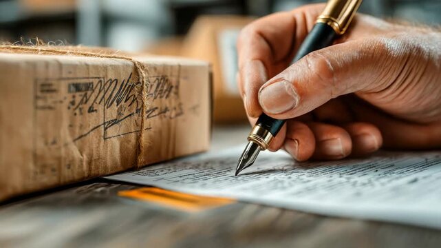 Hand signing important document next to package in well-lit workspace full of items