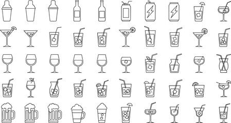 Drink and cocktail outline icon set featuring glasses, beverages, alcohol, juice, soda, and bar symbols