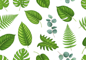 Seamless pattern of green tropical leaves isolated on transparent background
