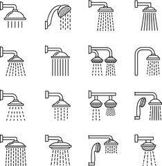 Shower and bathroom outline icon set featuring water spray heads, plumbing fixtures, and hygiene symbols
