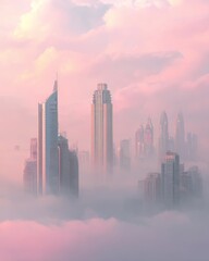 Fototapeta premium Urban skyline emerging through layers of soft fog, creating a dreamy and atmospheric city scene.