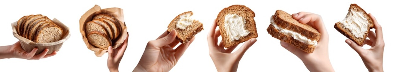 Set of hand holding slice of Whole wheat grain wholemeal bread bun, stack pile bite broke, with cream cheese, takeaway bowl, isolated transparent cutout PNG. Many different style. Mockup design