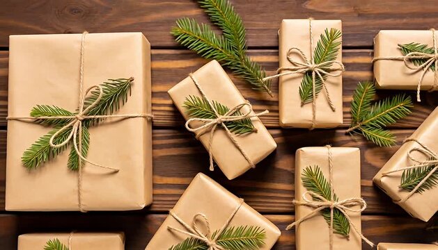 Christmas gifts flat lay with brown paper and pine branches on a rustic wooden background gift boxes,.