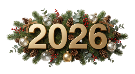 Festive new year 2026 decoration with christmas ornaments and pine cones