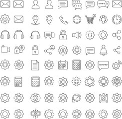 User interface and settings outline icon set featuring communication, profiles, notifications, and system controls