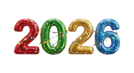 Festive balloon numbers 2026 decorated with colorful christmas lights and glitter