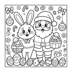 Christmas with Easter: bold and easy, fully detailed black and white coloring pages for adults.