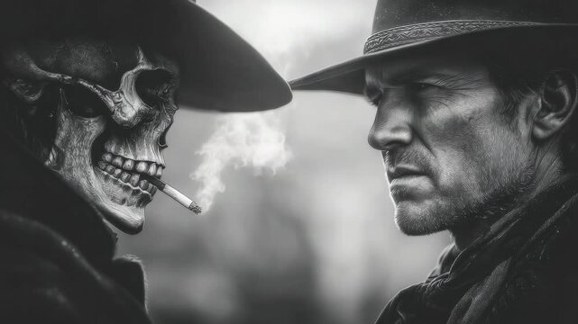Intense standoff between a cowboy and a skeleton figure in a desolate landscape, capturing a dark and mysterious atmosphere