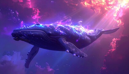 Majestic whale swims amid a cosmic sky filled with vibrant pink and purple clouds, illuminated by bright rays