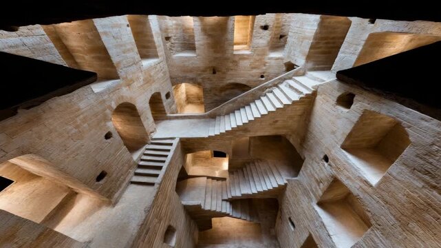 Exploring the unique architecture of a stone building with multiple staircases and openings in a historic setting