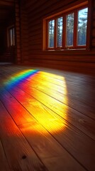 A rainbow is reflected on the floor of a wooden room. The light is shining through the windows, creating a warm and inviting atmosphere