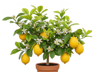 Potted dwarf lemon tree with ripe lemons and flowers isolated on transparent background