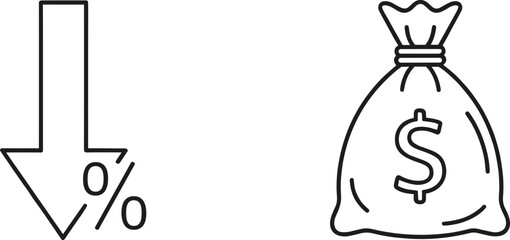 Discount decrease and money loss outline icon representing financial decline, savings reduction, and price drop concept