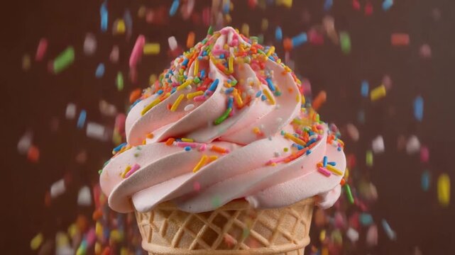 Sweet strawberry soft serve ice cream in waffle cone with colorful sprinkles falling