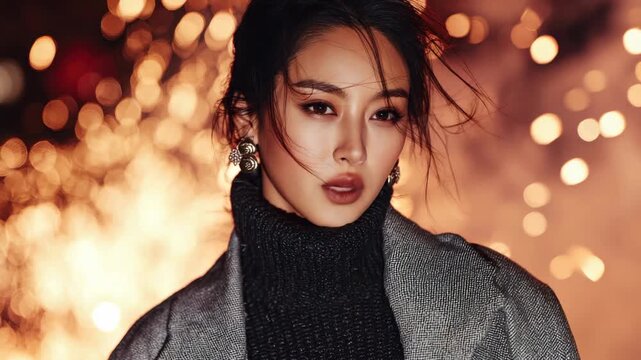 Captivating model poses against a backdrop of colorful sparks during an evening photoshoot in the city