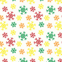 Seamless snowflake pattern with yellow, red, green, and orange snowflakes on an ivory background. Clean vector design for wrapping paper, textiles, kids projects, digital paper, and crafts.