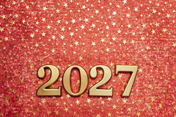 Happy New Year 2027 Celebration with Golden Numbers on Red Festive Background Elegant festive design with glitter texture, perfect for greeting cards, invitations