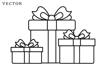 Christmas gift box line art, New Year presents, gift boxes with ribbons, vector illustration
