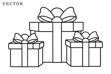 Christmas gift box line art, New Year presents, gift boxes with ribbons, vector illustration