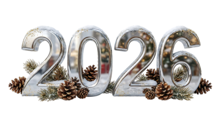 Shiny silver numbers 2026 decorated with winter elements like snow and pinecones for new year celebration