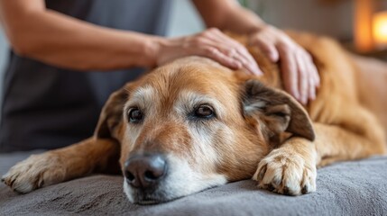 Gentle hands provide comfort to resting dog, promoting healing a