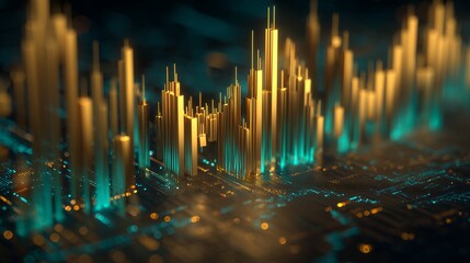 Stock Market Candlestick Charts in Gold 3D Market Data Visualization. Dynamic Trading Graphs, Digital Financial Analysis, and Futuristic Digital Economy Concept.