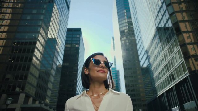 Strolling among glass walled skyscrapers sunlight refracts through the mirrored architecture