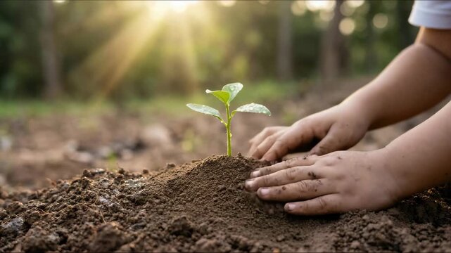 Boy planting a sprout in the garden. A child s hands gently planting a small sprout in rich, dark soil, morning dew glistening on young green leaves, hope for a cleaner, healthier planet