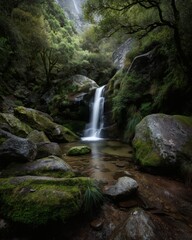 Obraz premium Serene waterfall cascading into a clear pool in a lush green forest.