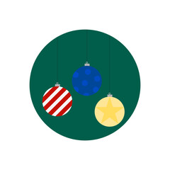 Holiday ornament icon. Hanging bauble cluster. Star pattern Vector ball. Dark green background.