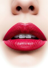 Vivid crimson painted lips displayed close up against a stark white backdrop, emphasizing beauty, glamour, and vibrant color contrast ,perfect ,intense ,crimson