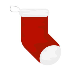 Christmas red stocking. Holiday gift sock. White plush cuff. Vector festive object.