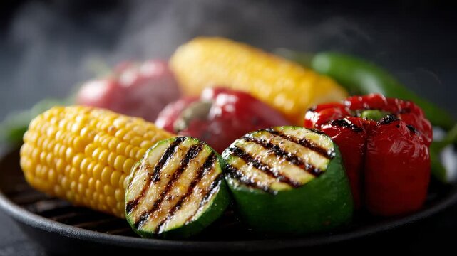 Grilled vegetables with corn, peppers, and zucchini prepared on a hot grill at a summer cookout near the beach