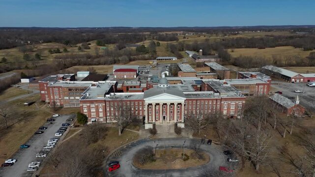 Aerial flyaway shot of Western State Hospital located in Hopkinsville, KY
