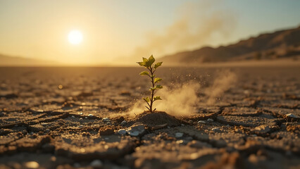 Green Plant Growing in Dry Cracked Earth, Resilience and Climate Change Concept