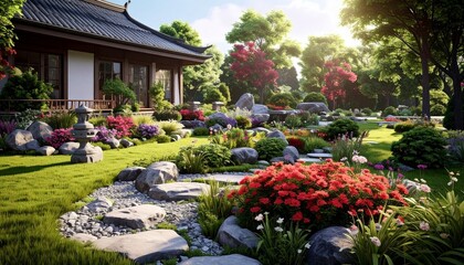 Fototapeta premium Tranquil japanese garden with lush greenery and traditional architecture