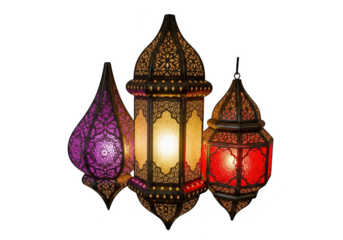 Three ornate moroccan lanterns isolated on transparent background