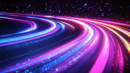 Abstract glowing neon light trails swirling in a cosmic space background