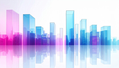 Obraz premium ピンク・青透明ガラス都市スカイライン反射