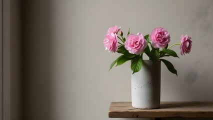 Fototapeta premium Pink roses in white vase on wooden surface