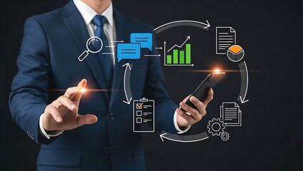 Businessman interacting with digital workflow icons on smartphone and touchscreen