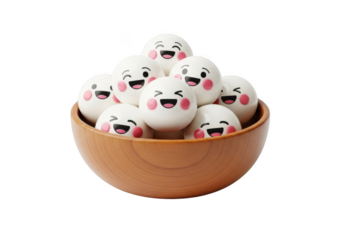 A wooden bowl filled with smiling cartoon dumplings isolated on transparent background