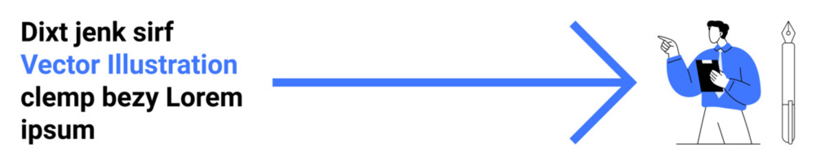 Fototapeta premium Business strategy, workflow planning, organization, efficiency, communication, teamwork. Text, a large arrow and a man holding a clipboard while standing next to a pen. Workflow planning