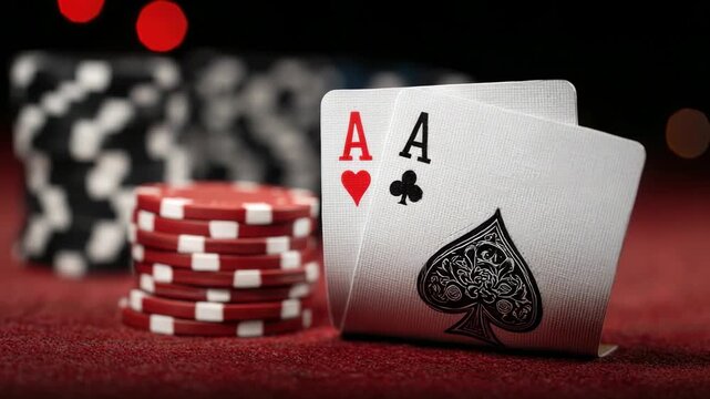 Exciting poker game with winning hand at the table near chips and cards in a dimly lit casino atmosphere