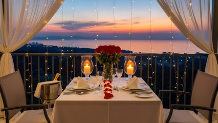Romantic dinner setting with sunset view