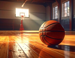 Close-up of a basketball on a shiny wooden floor in a gymnasium