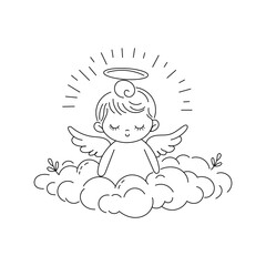 Cute angel baby line art illustration. Baby angel with wings and halo, sitting on clouds. Simple hand drawn outline, for children design, prints, and religious themes.