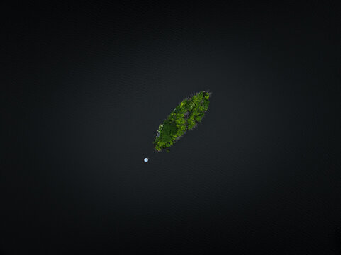 Aerial view of a small, lush island surrounded by calm, dark waters, reflecting the sky's muted light, creating a serene contrast, Boston, Massachusetts, United States.
